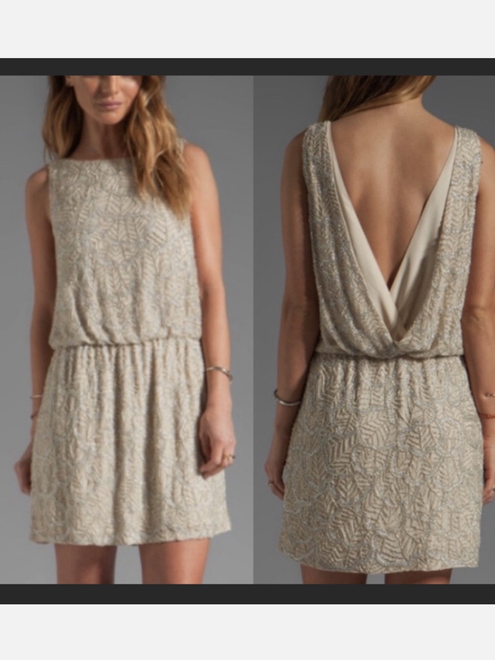 Alice + Olivia Champagne Beaded Draped V-Back Cocktail Dress